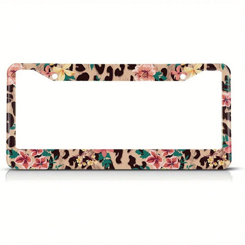 Vintage Floral And Leopard Print License Plate Frame- Pink Floral And Coffee Brown Hawaiian Design, Aluminum License Plate Holder For US Vehicles, Standard 2 Holes, Car Exterior Accessory| Decorat