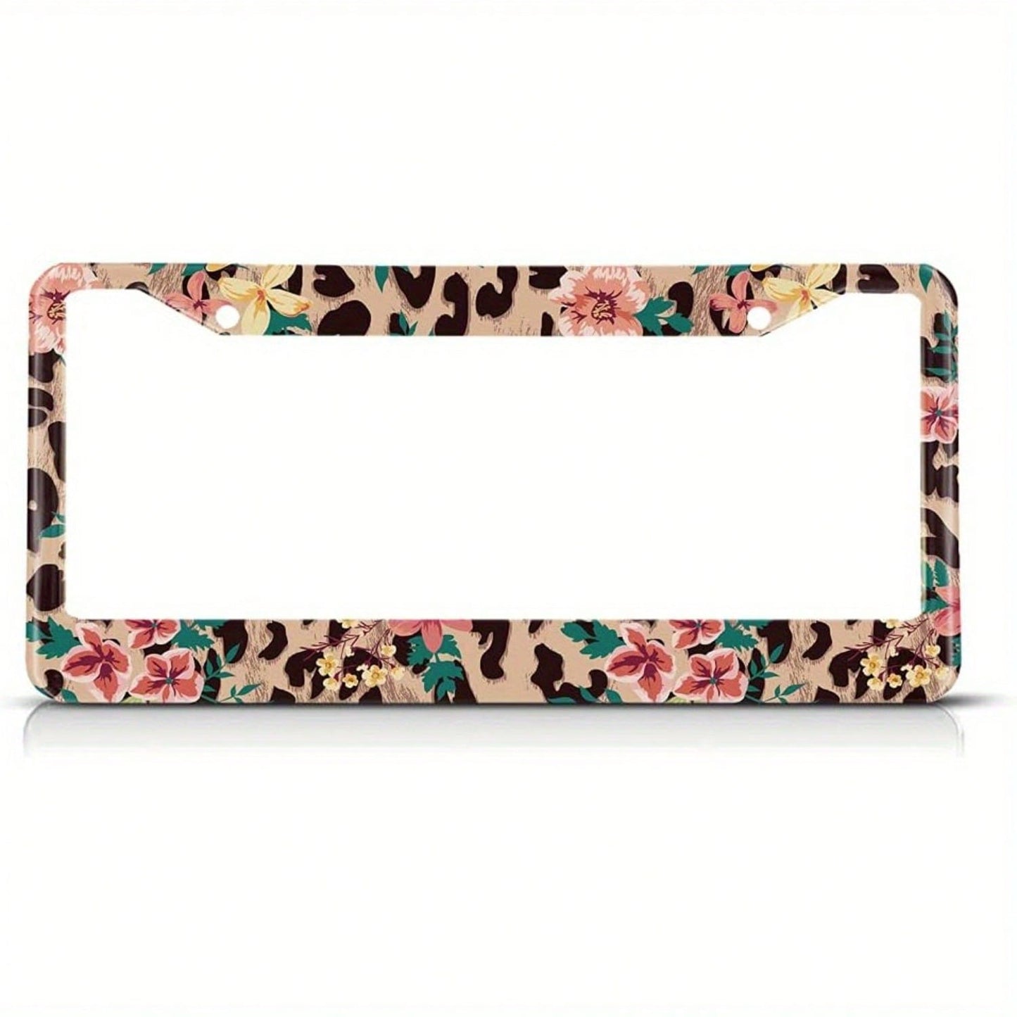 Vintage Floral And Leopard Print License Plate Frame- Pink Floral And Coffee Brown Hawaiian Design, Aluminum License Plate Holder For US Vehicles, Standard 2 Holes, Car Exterior Accessory| Decorat