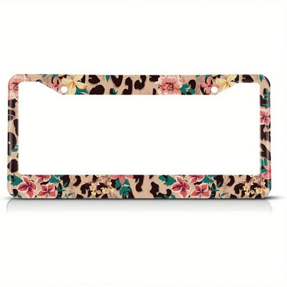 Vintage Floral And Leopard Print License Plate Frame- Pink Floral And Coffee Brown Hawaiian Design, Aluminum License Plate Holder For US Vehicles, Standard 2 Holes, Car Exterior Accessory| Decorat