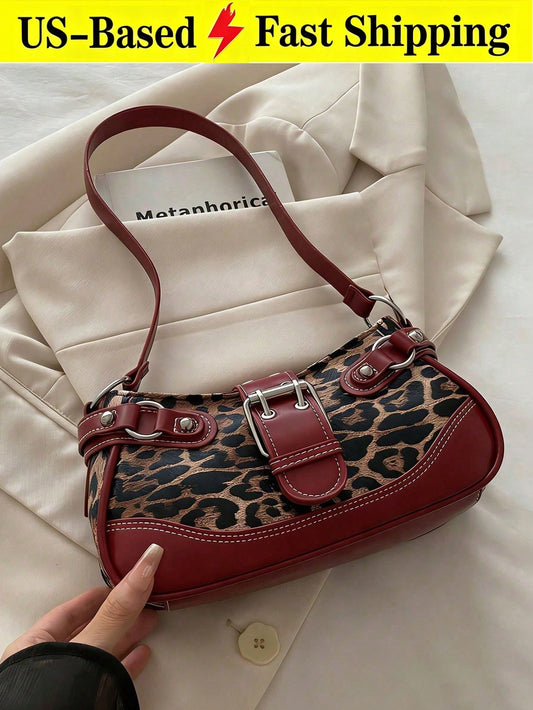 Vintage Leopard Print Patchwork Shoulder Bag Punk Rivet Decor Underarm Bag Fashion Buckle Handbag Summer Street Red Purse For Travel Birthday Party