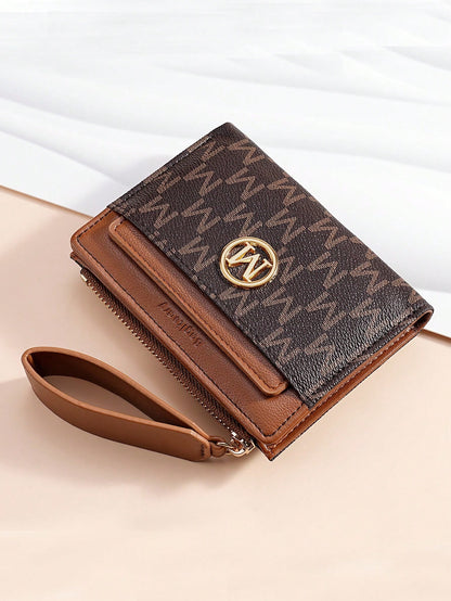 Vintage Lychee Texture Minimalist Women's Wallet, High-End Elegant Bifold Card Holder With Multiple Card Slots, Zipper Short Coin Purse With Letter Design