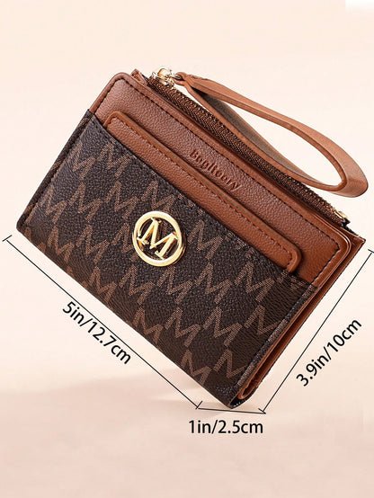 Vintage Lychee Texture Minimalist Women's Wallet, High-End Elegant Bifold Card Holder With Multiple Card Slots, Zipper Short Coin Purse With Letter Design
