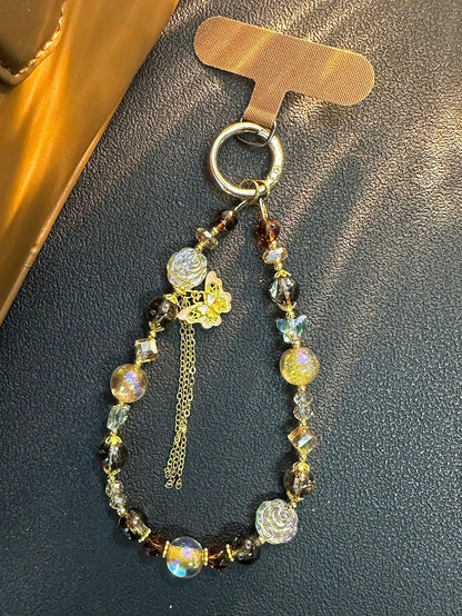 Vintage Maillard Rose Crystal Butterfly Tassel Phone Lanyard, Delicate Versatile Bag Charm, Camera Strap Accessory, Elegant High-End