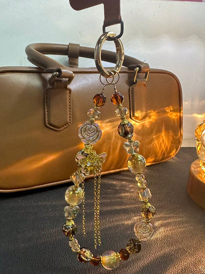Vintage Maillard Rose Crystal Butterfly Tassel Phone Lanyard, Delicate Versatile Bag Charm, Camera Strap Accessory, Elegant High-End