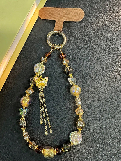 Vintage Maillard Rose Crystal Butterfly Tassel Phone Lanyard, Delicate Versatile Bag Charm, Camera Strap Accessory, Elegant High-End