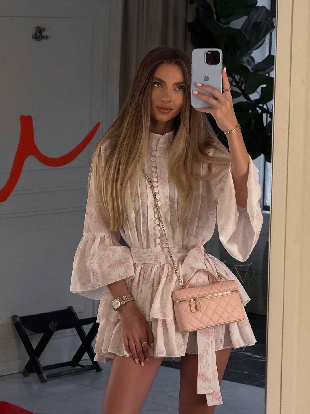 Vintage Manor Style Shirt Dress, Retro Mandarin Collar Single-Breasted Printed Dress, Flare Sleeve Cinched Waist Short Dress Elegant Pink