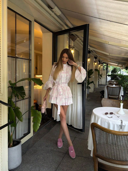 Vintage Manor Style Shirt Dress, Retro Mandarin Collar Single-Breasted Printed Dress, Flare Sleeve Cinched Waist Short Dress Elegant Pink