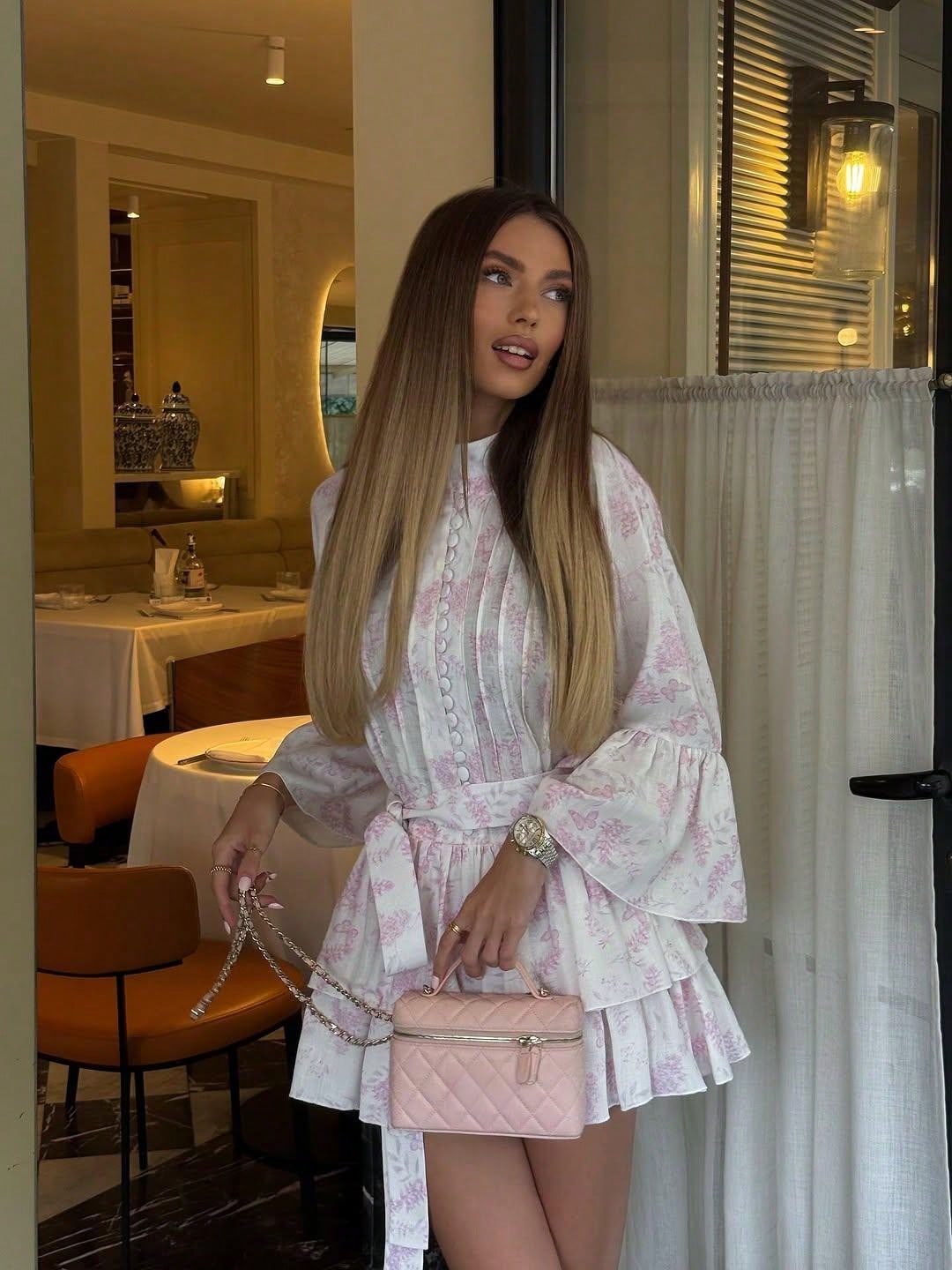 Vintage Manor Style Shirt Dress, Retro Mandarin Collar Single-Breasted Printed Dress, Flare Sleeve Cinched Waist Short Dress Elegant Pink