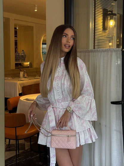 Vintage Manor Style Shirt Dress, Retro Mandarin Collar Single-Breasted Printed Dress, Flare Sleeve Cinched Waist Short Dress Elegant Pink