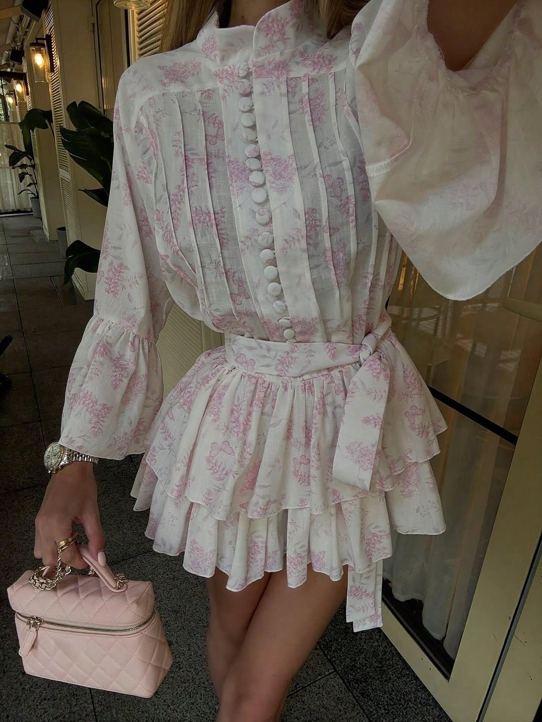 Vintage Manor Style Shirt Dress, Retro Mandarin Collar Single-Breasted Printed Dress, Flare Sleeve Cinched Waist Short Dress Elegant Pink