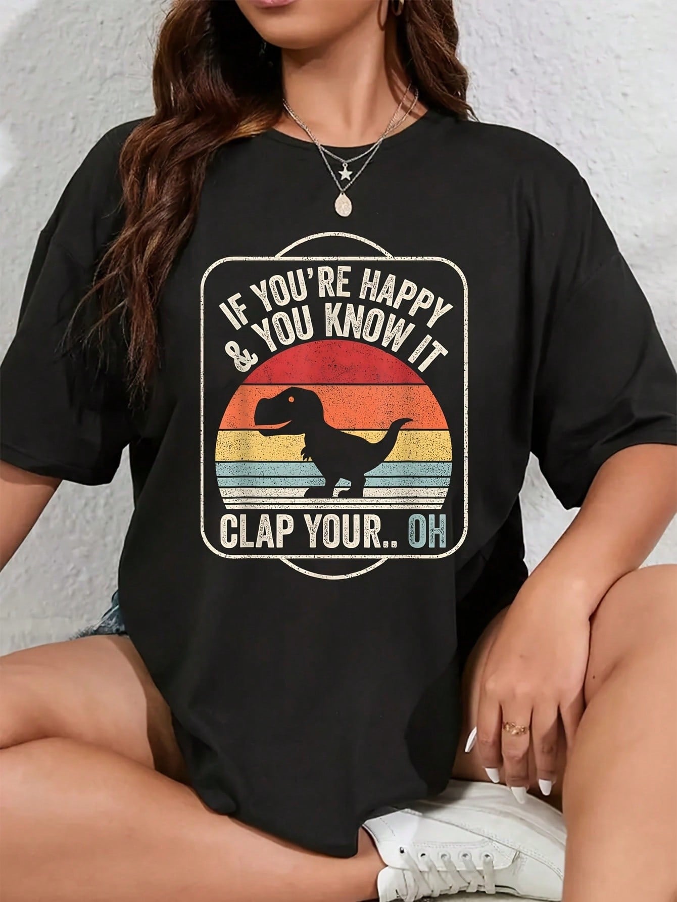 Vintage Retro If You're Happy And You Know It T Rex Dinosaur Women's Plus Size 100% Polyester T-Shirt Shirt Casual 220g Funny Oversized Graphic Short Sleeve 2 Pcs Tee Novelty Crew Neck Top