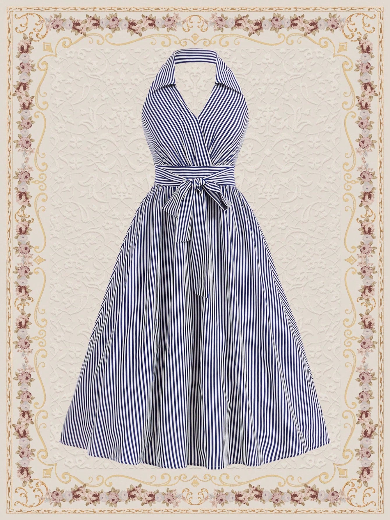 Vintamour Vintage Striped Halter Neck Navy Blue And White Dress For Women,Summer Elegant Tea Party Vacation Outfits,Easter Birthday Beach Holiday Long Dress