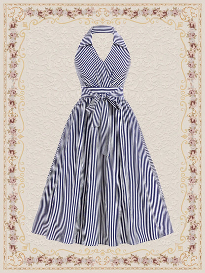 Vintamour Vintage Striped Halter Neck Navy Blue And White Dress For Women,Summer Elegant Tea Party Vacation Outfits,Easter Birthday Beach Holiday Long Dress