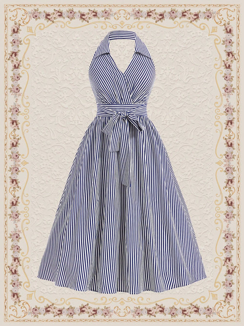 Vintamour Vintage Striped Halter Neck Navy Blue And White Dress For Women,Summer Elegant Tea Party Vacation Outfits,Easter Birthday Beach Holiday Long Dress