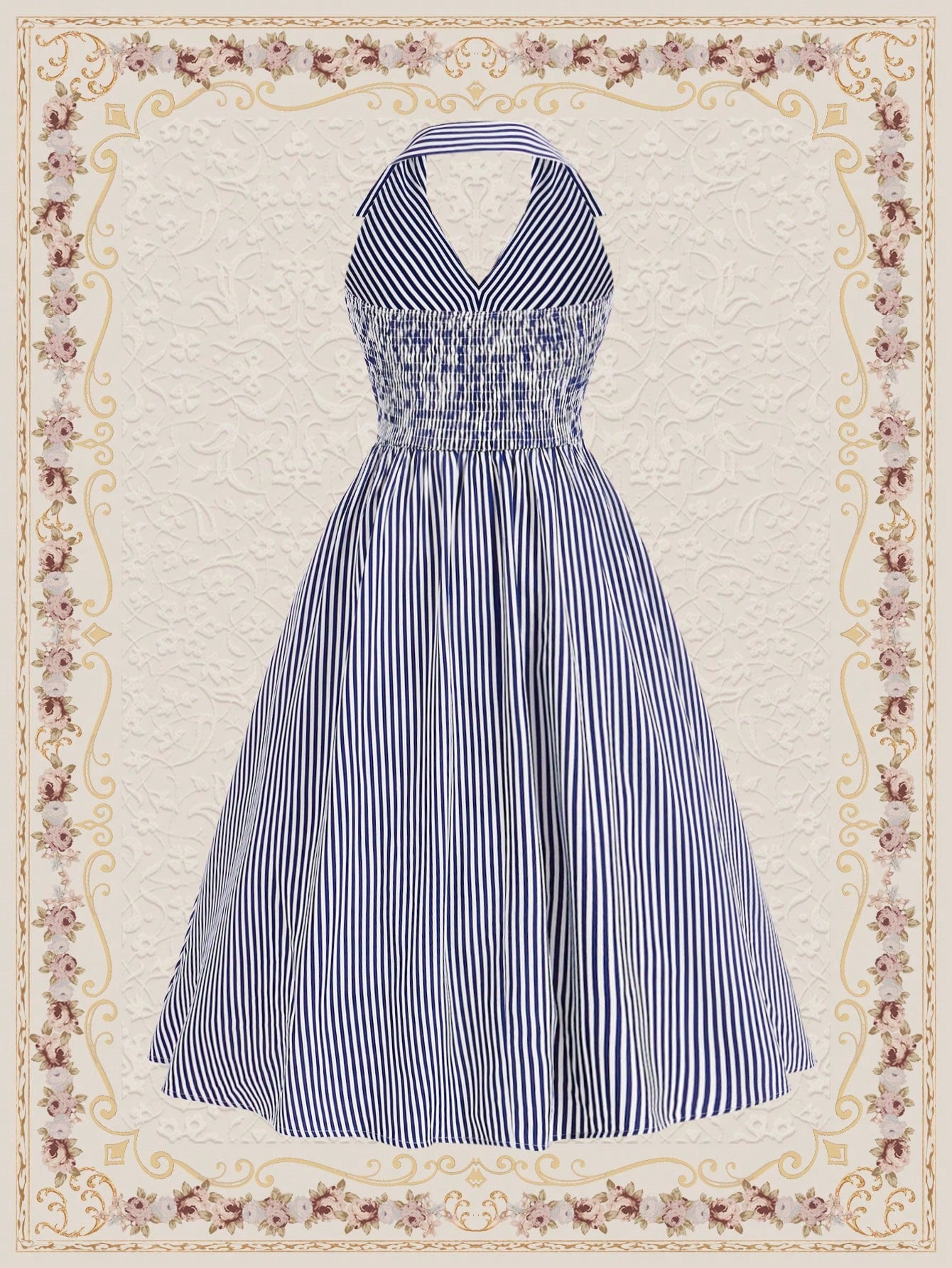 Vintamour Vintage Striped Halter Neck Navy Blue And White Dress For Women,Summer Elegant Tea Party Vacation Outfits,Easter Birthday Beach Holiday Long Dress