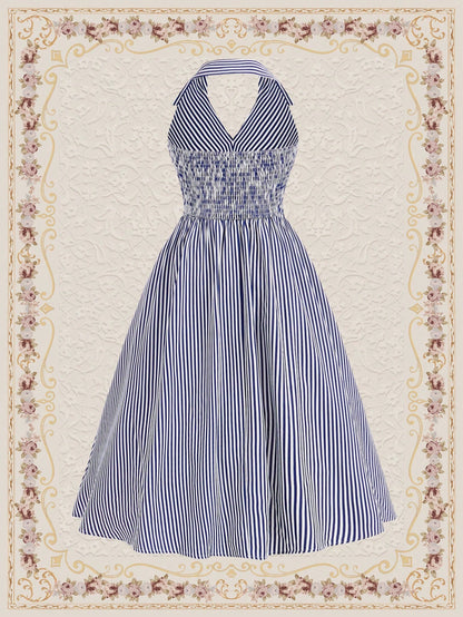 Vintamour Vintage Striped Halter Neck Navy Blue And White Dress For Women,Summer Elegant Tea Party Vacation Outfits,Easter Birthday Beach Holiday Long Dress