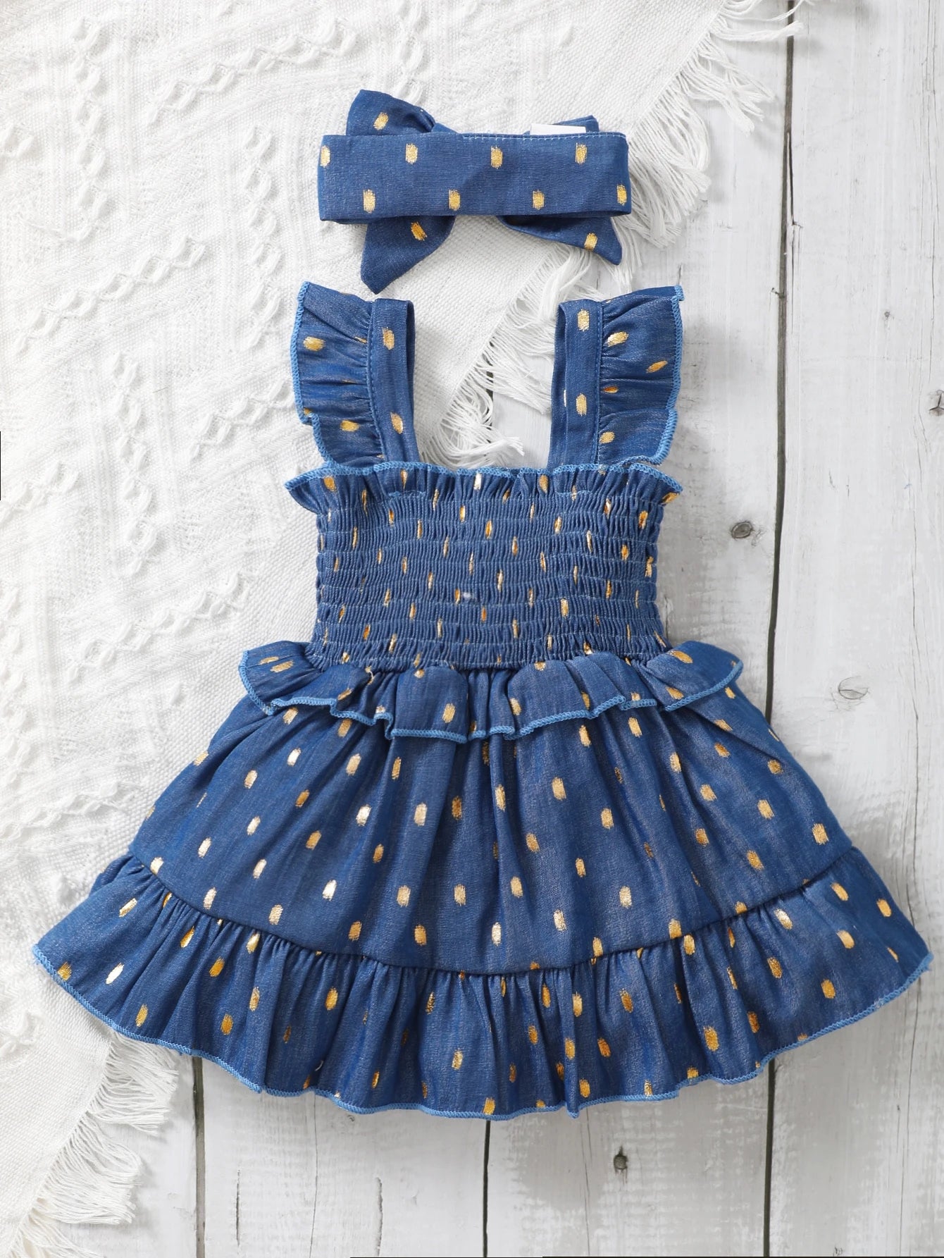Vintaside Kids Baby Girl Gold Dot Print Shirred Ruffle Hem Dress With Headband