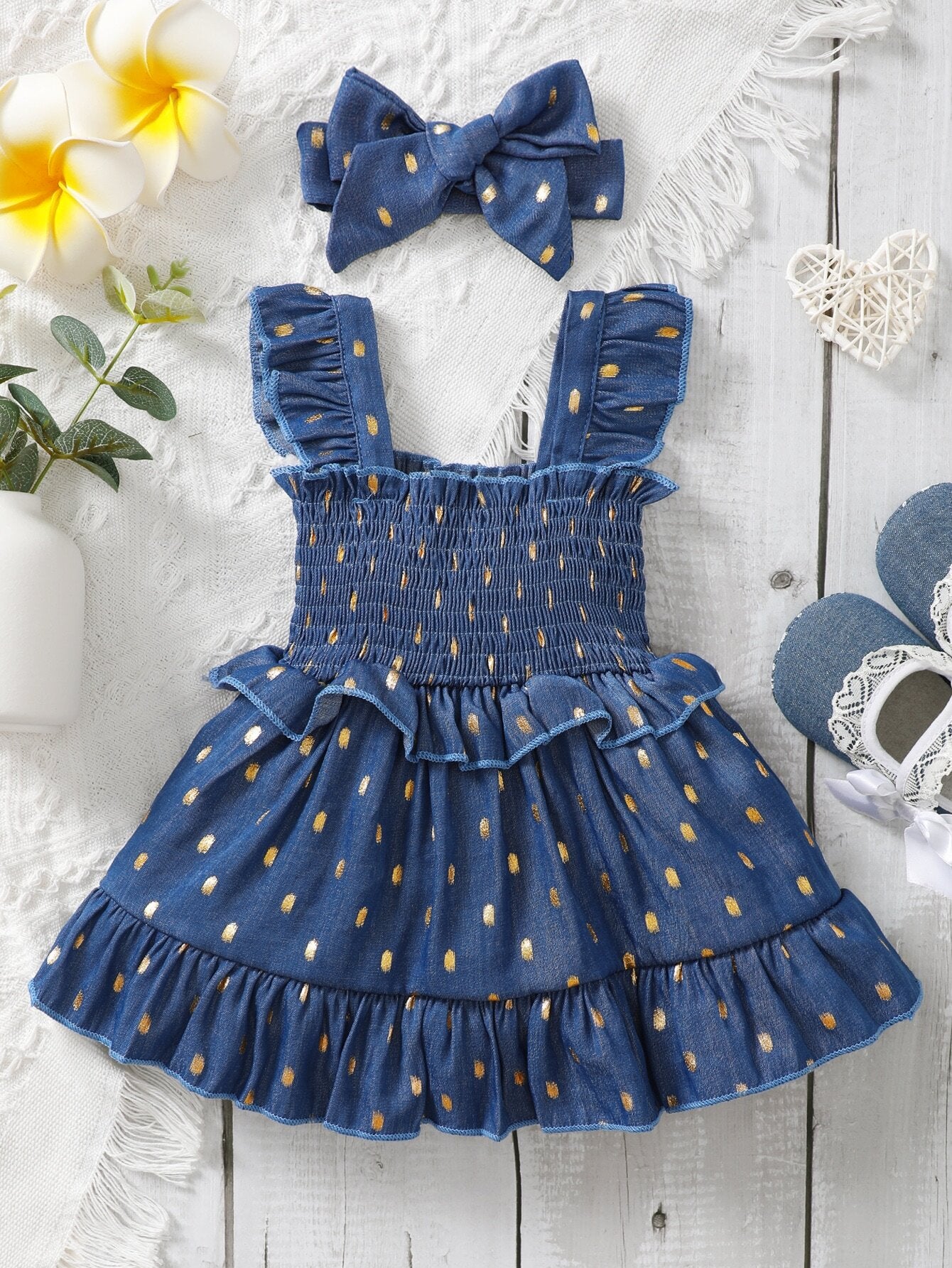 Vintaside Kids Baby Girl Gold Dot Print Shirred Ruffle Hem Dress With Headband