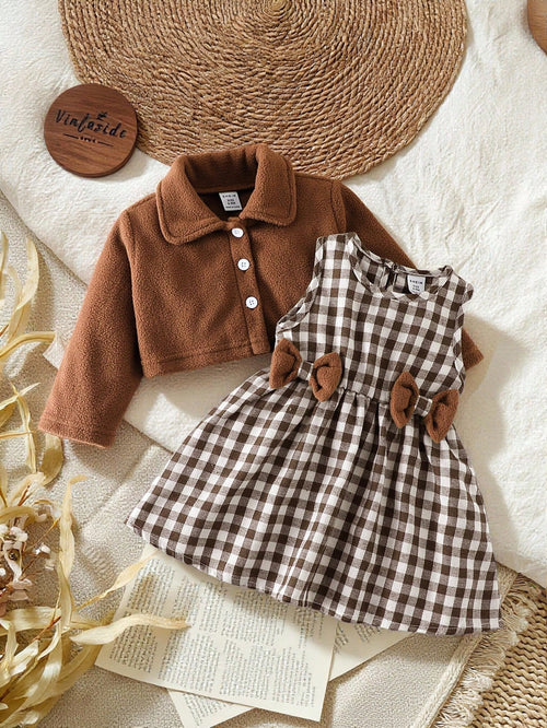 Vintaside Kids Baby Girls' Solid Color Long Sleeve Jacket, Bow Decor & Plaid Sleeveless Dress 2-Piece Set Fall Winter