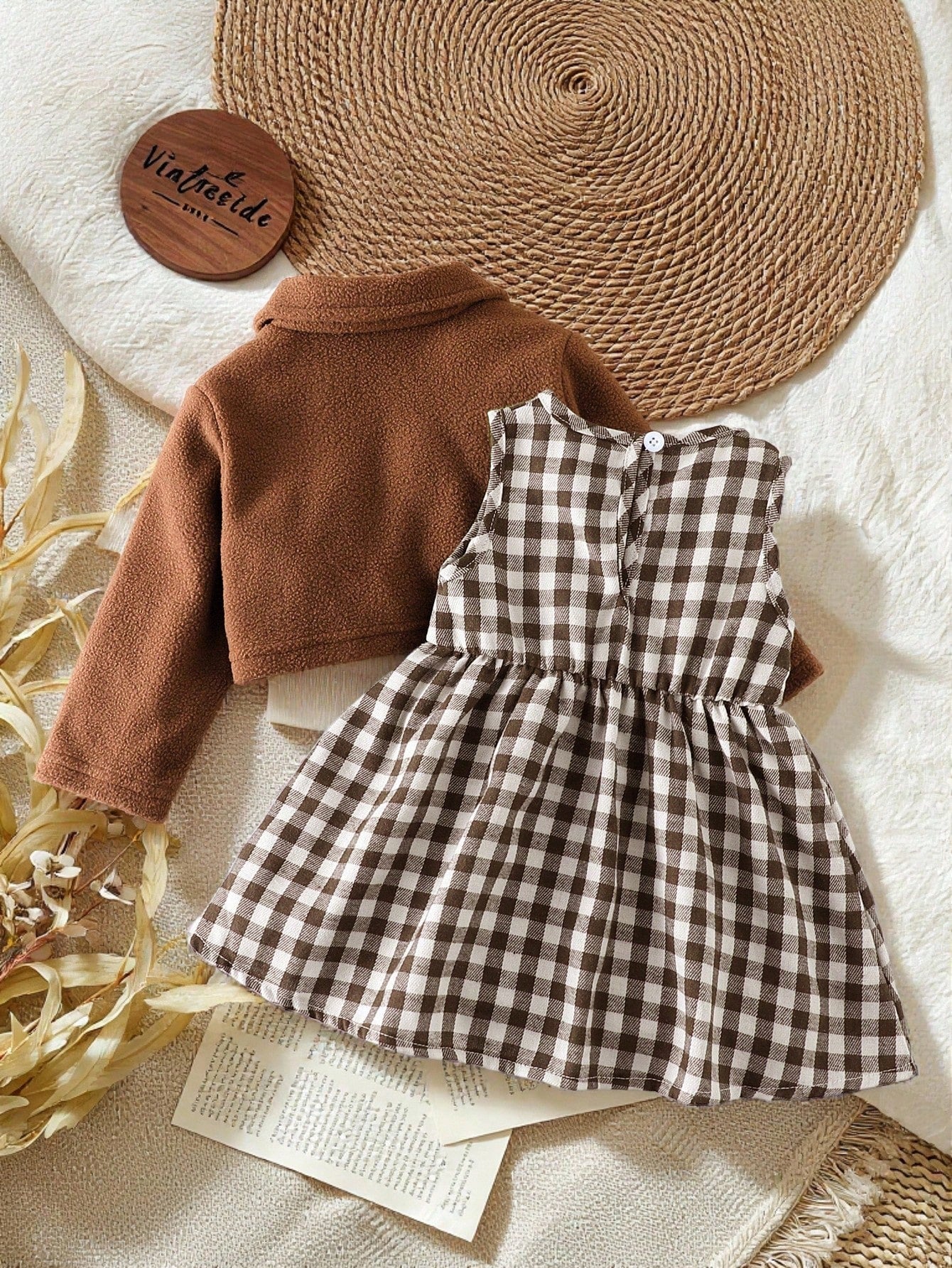 Vintaside Kids Baby Girls' Solid Color Long Sleeve Jacket, Bow Decor & Plaid Sleeveless Dress 2-Piece Set Fall Winter