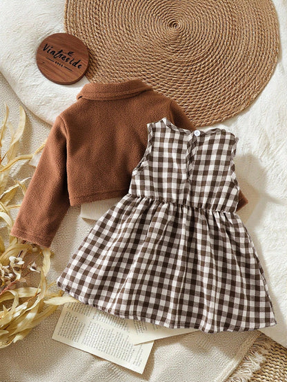 Vintaside Kids Baby Girls' Solid Color Long Sleeve Jacket, Bow Decor & Plaid Sleeveless Dress 2-Piece Set Fall Winter