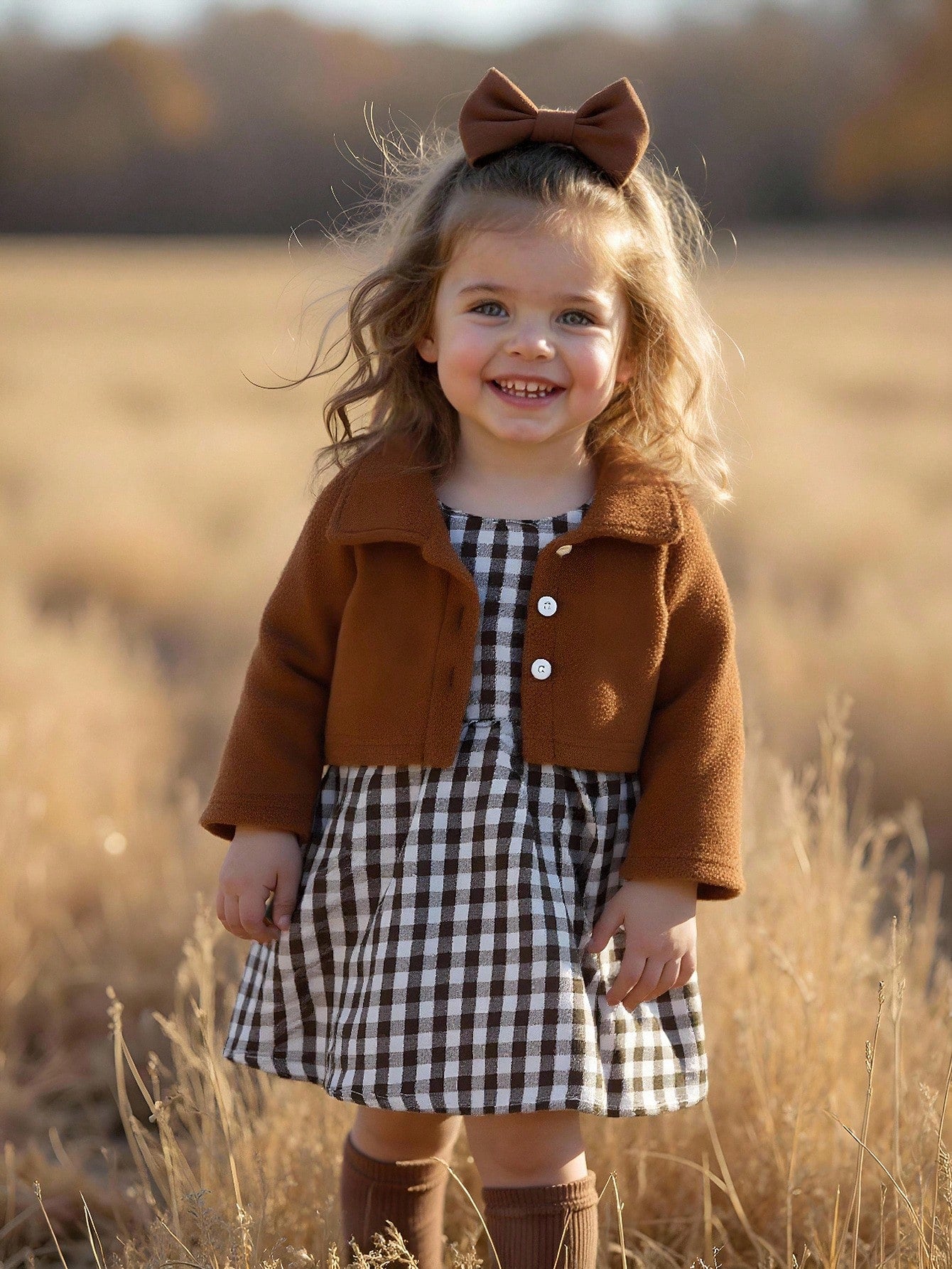 Vintaside Kids Baby Girls' Solid Color Long Sleeve Jacket, Bow Decor & Plaid Sleeveless Dress 2-Piece Set Fall Winter