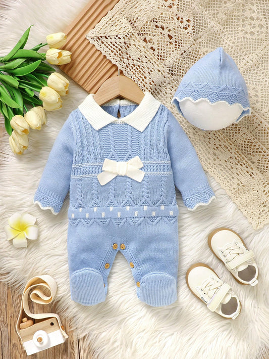 Vintaside Kids New Born Baby Contrast Color Lapel Bow Decor Long Sleeve Cute Sweater Romper, Autumn/Winter
