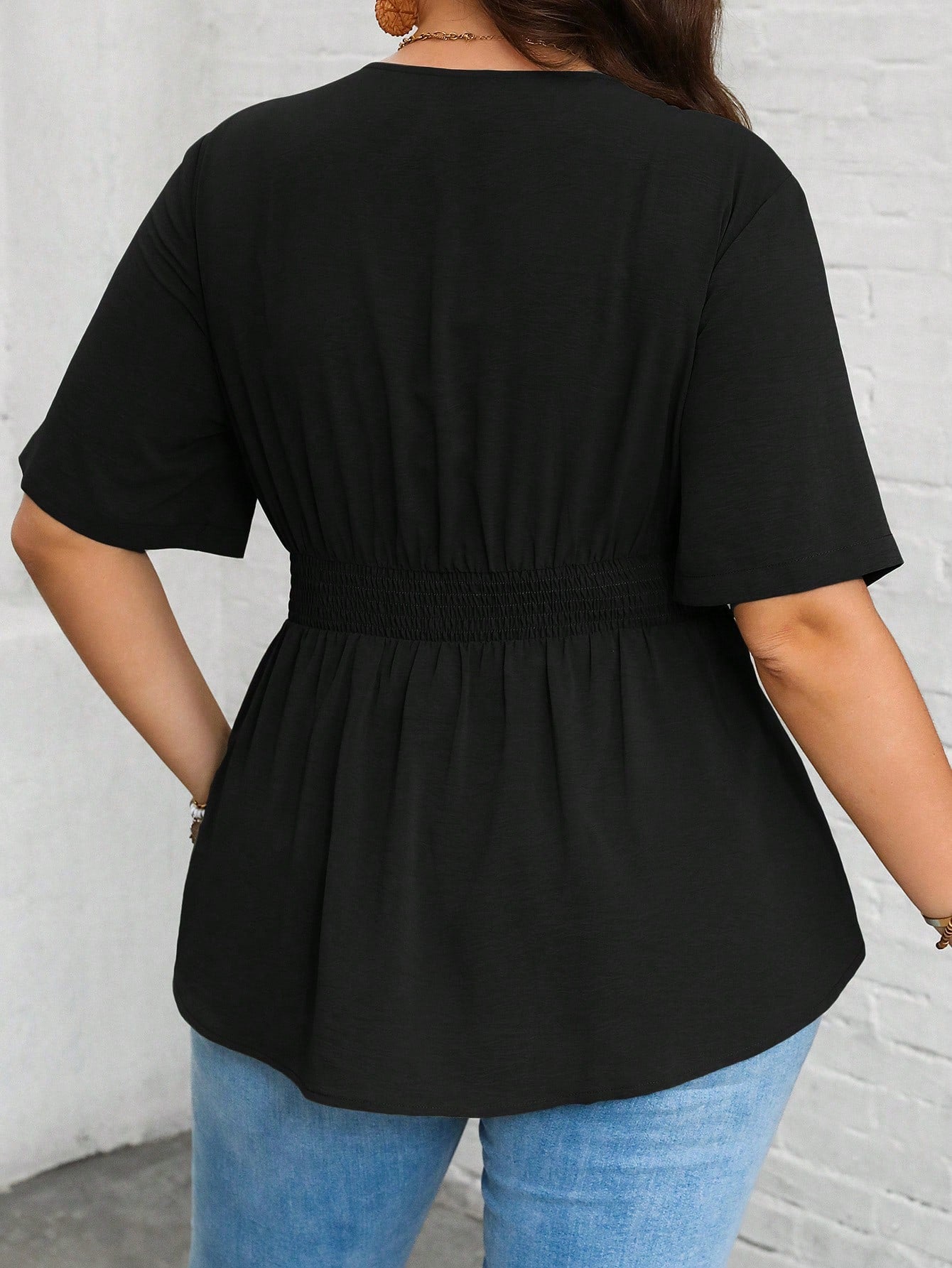 Vionelle Plus Size Notched V-Neck Shirt With Ruffled Hemline