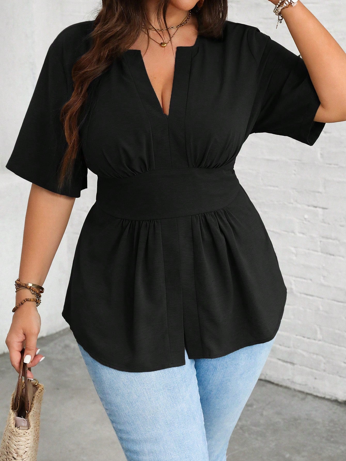 Vionelle Plus Size Notched V-Neck Shirt With Ruffled Hemline
