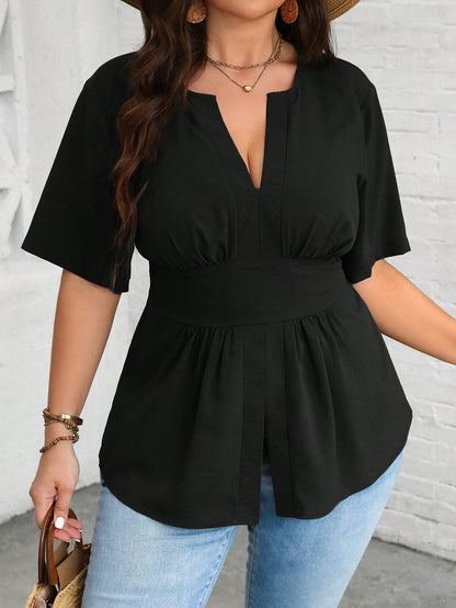 Vionelle Plus Size Notched V-Neck Shirt With Ruffled Hemline