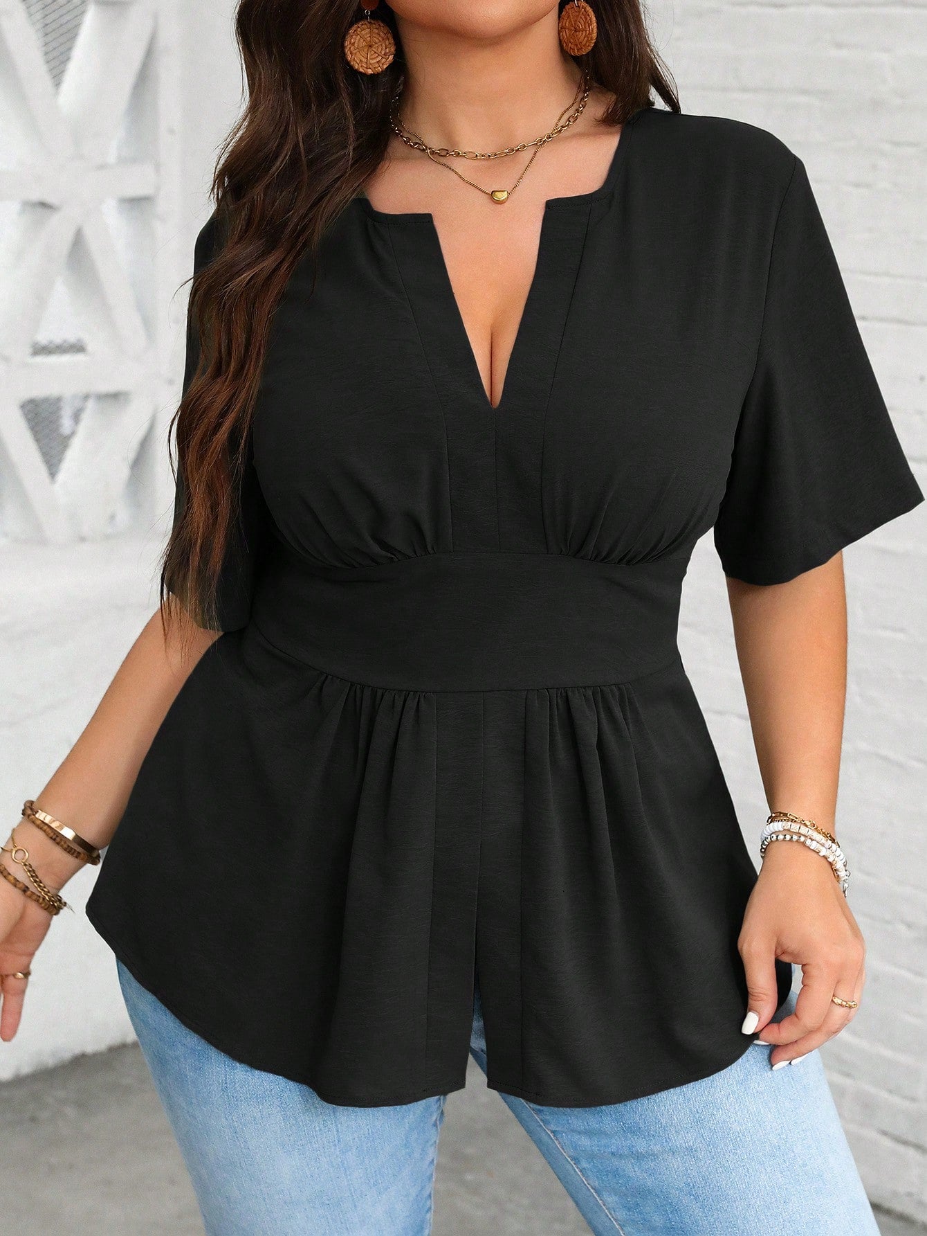Vionelle Plus Size Notched V-Neck Shirt With Ruffled Hemline