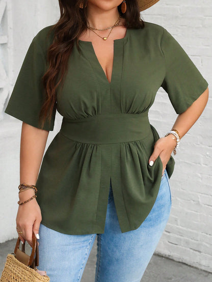 Vionelle Plus Size Notched V-Neck Shirt With Ruffled Hemline
