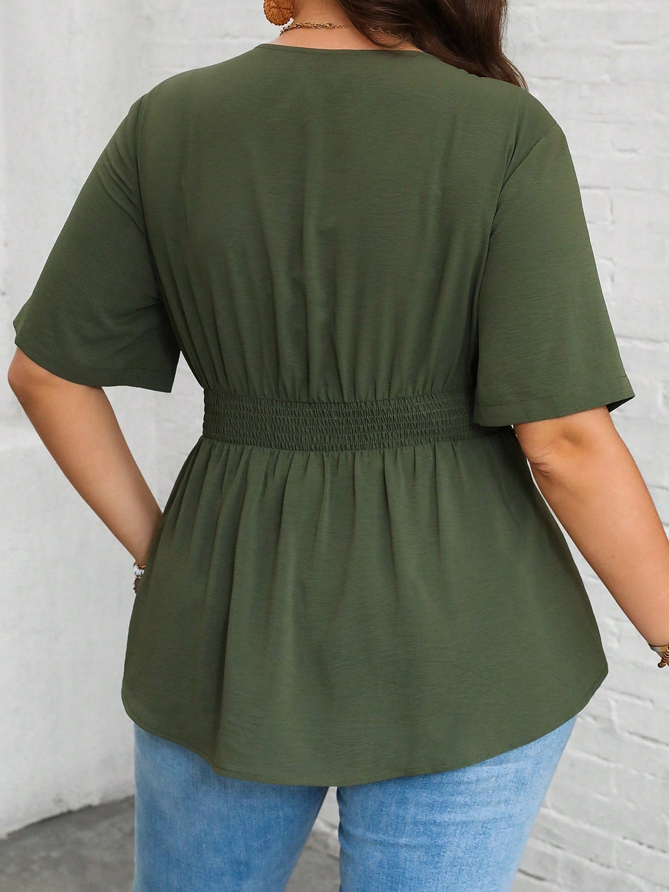 Vionelle Plus Size Notched V-Neck Shirt With Ruffled Hemline