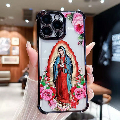 Virgin Mary Flower Pattern Mobile Phone Case, Four-Corner Anti-Fall Mobile Phone Case, Suitable For IPhone11, 12, 13, 14, 15, 16, 17promax, Sturdy Mobile Phone Case Tpu Smartphone Protective Cover, Vi