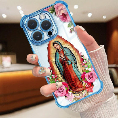 Virgin Mary Flower Pattern Mobile Phone Case, Four-Corner Anti-Fall Mobile Phone Case, Suitable For IPhone11, 12, 13, 14, 15, 16, 17promax, Sturdy Mobile Phone Case Tpu Smartphone Protective Cover, Vi