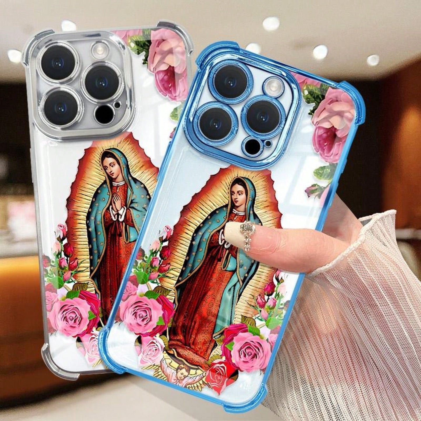 Virgin Mary Flower Pattern Mobile Phone Case, Four-Corner Anti-Fall Mobile Phone Case, Suitable For IPhone11, 12, 13, 14, 15, 16, 17promax, Sturdy Mobile Phone Case Tpu Smartphone Protective Cover, Vi