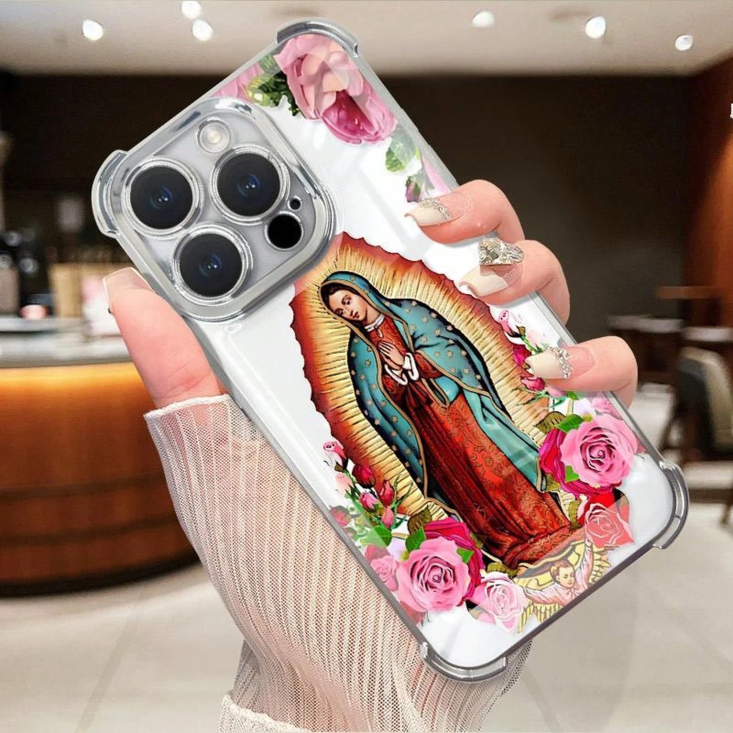 Virgin Mary Flower Pattern Mobile Phone Case, Four-Corner Anti-Fall Mobile Phone Case, Suitable For IPhone11, 12, 13, 14, 15, 16, 17promax, Sturdy Mobile Phone Case Tpu Smartphone Protective Cover, Vi