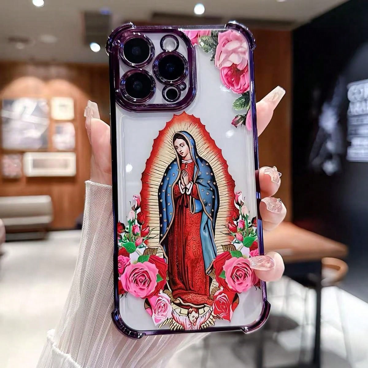 Virgin Mary Flower Pattern Mobile Phone Case, Four-Corner Anti-Fall Mobile Phone Case, Suitable For IPhone11, 12, 13, 14, 15, 16, 17promax, Sturdy Mobile Phone Case Tpu Smartphone Protective Cover, Vi