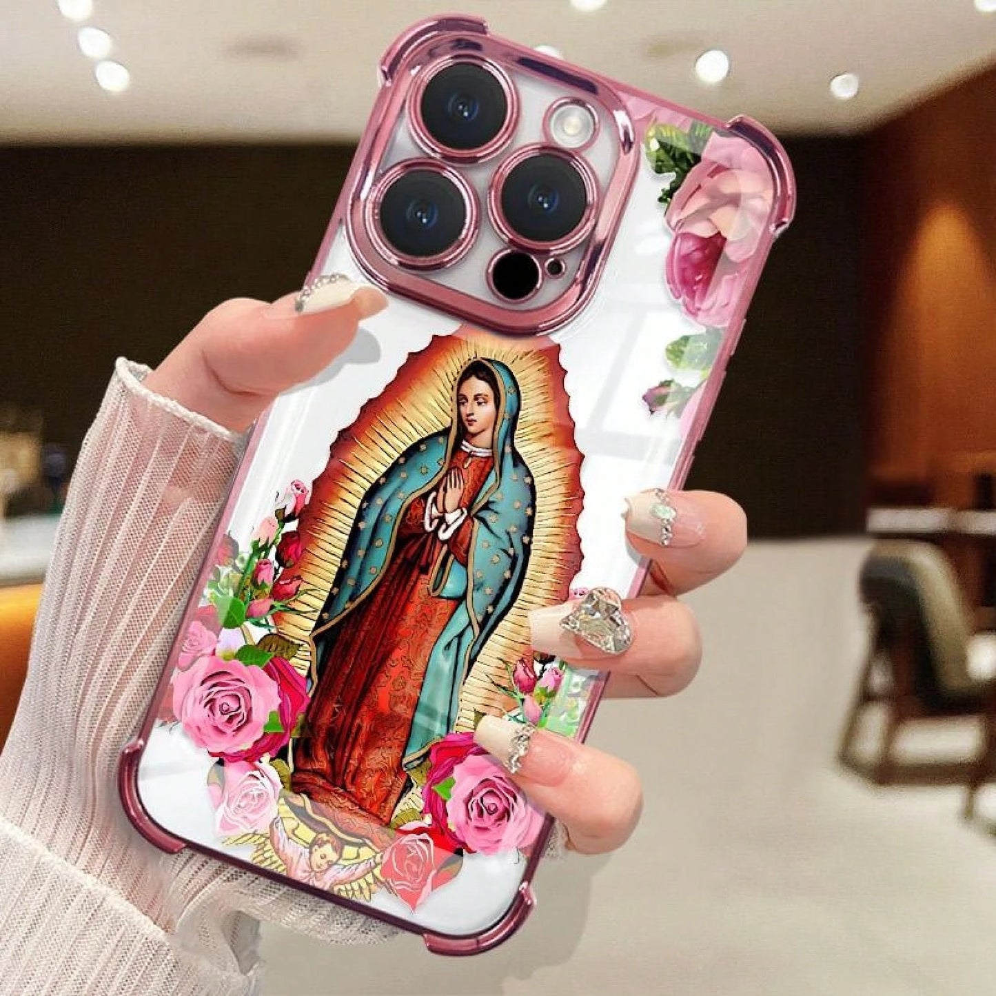 Virgin Mary Flower Pattern Mobile Phone Case, Four-Corner Anti-Fall Mobile Phone Case, Suitable For IPhone11, 12, 13, 14, 15, 16, 17promax, Sturdy Mobile Phone Case Tpu Smartphone Protective Cover, Vi
