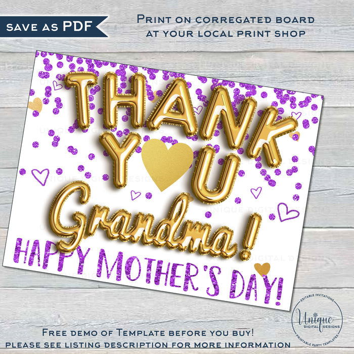 Virtual Mother's Day Yard Sign, Editable Thank You Gift from Kids Nana Grandma Gigi