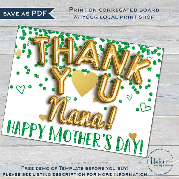 Virtual Mother's Day Yard Sign, Editable Thank You Gift from Kids Nana Grandma Gigi