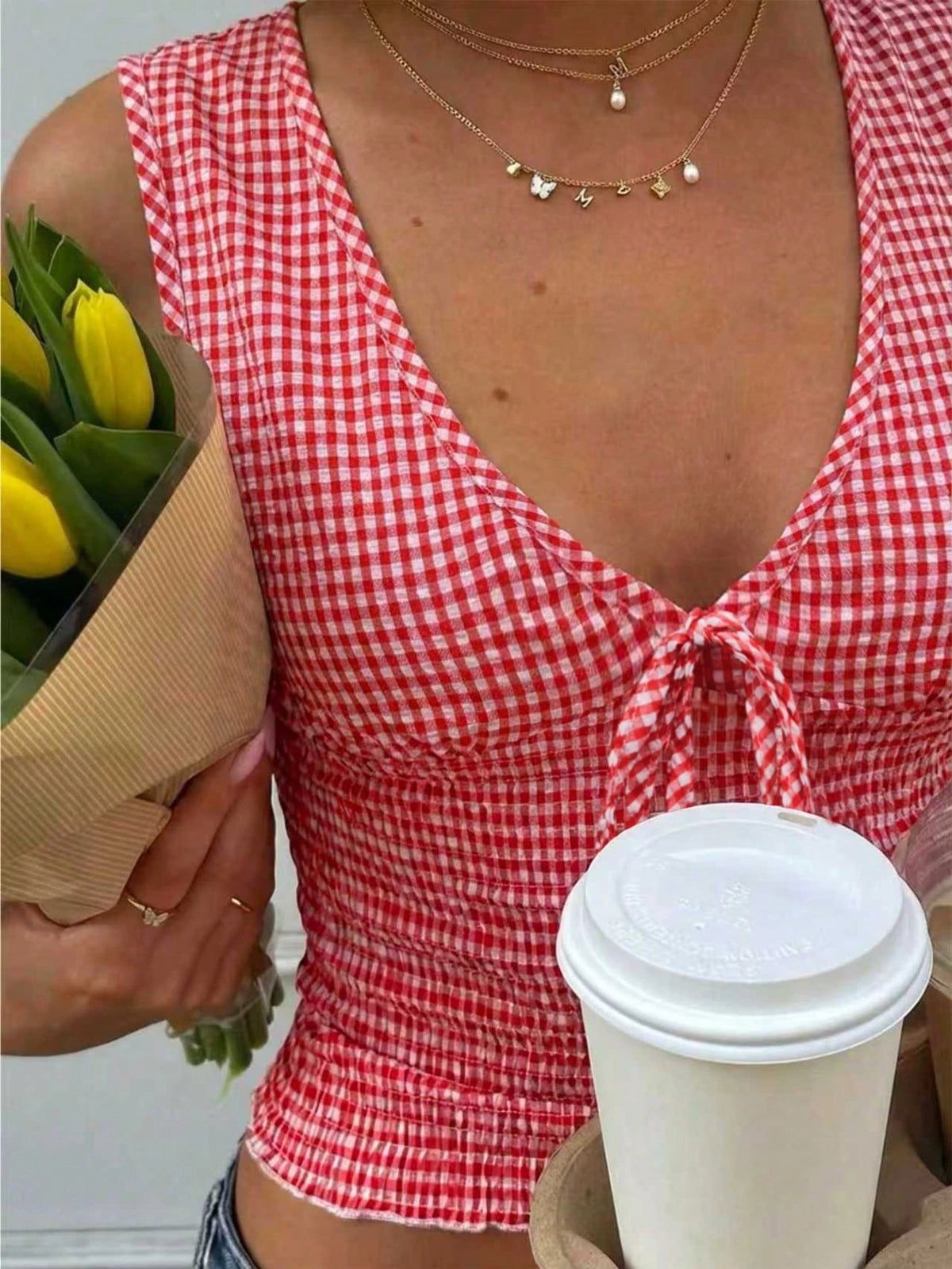 VIVINA Women's Casual Versatile Deep Shirred Plaid Shirred Waist Bow Ruffle Trim Tank Top, Early Autumn Versatile Top Summer