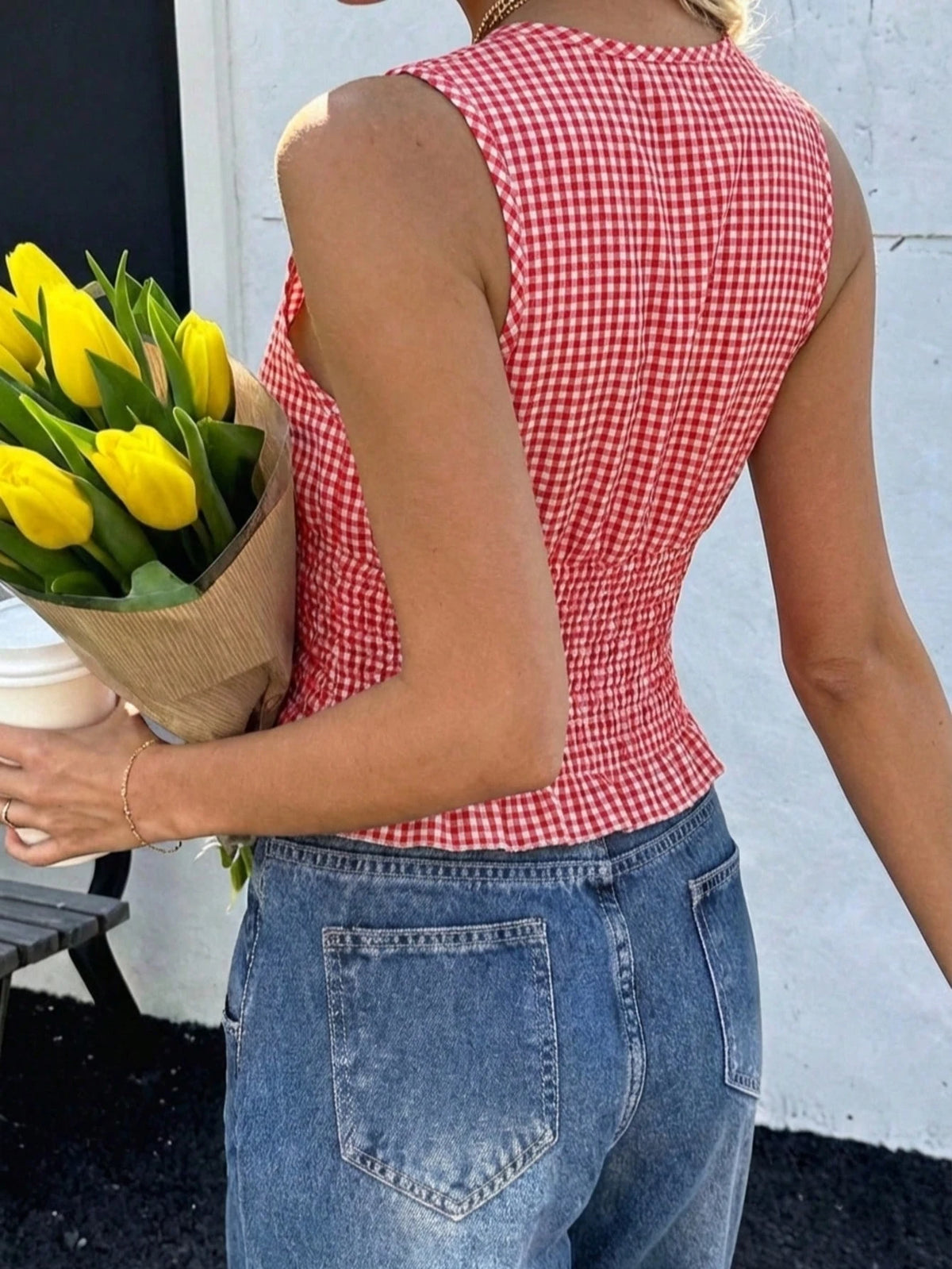 VIVINA Women's Casual Versatile Deep Shirred Plaid Shirred Waist Bow Ruffle Trim Tank Top, Early Autumn Versatile Top Summer