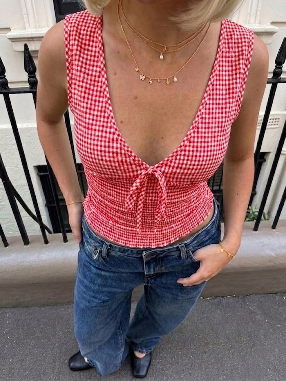 VIVINA Women's Casual Versatile Deep Shirred Plaid Shirred Waist Bow Ruffle Trim Tank Top, Early Autumn Versatile Top Summer