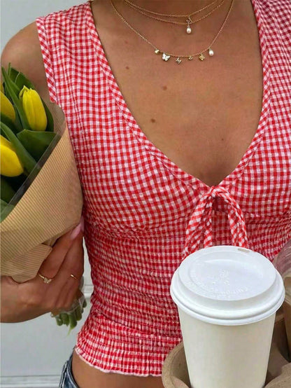 VIVINA Women's Casual Versatile Deep Shirred Plaid Shirred Waist Bow Ruffle Trim Tank Top, Early Autumn Versatile Top Summer