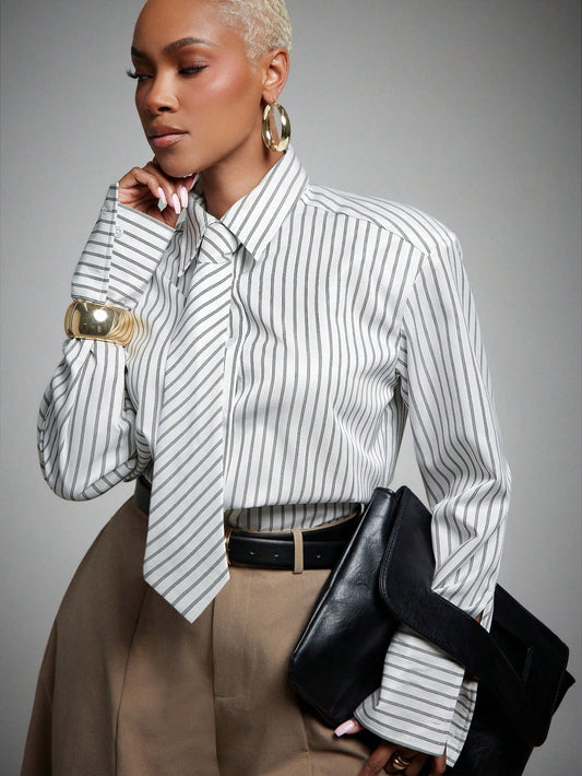 Vixey Directional Stripe Bold Padded Shoulder Shirt With Tie, Business Work Office Commute Top, Business Casual, Workwear, Desk To Dinner, Tailored