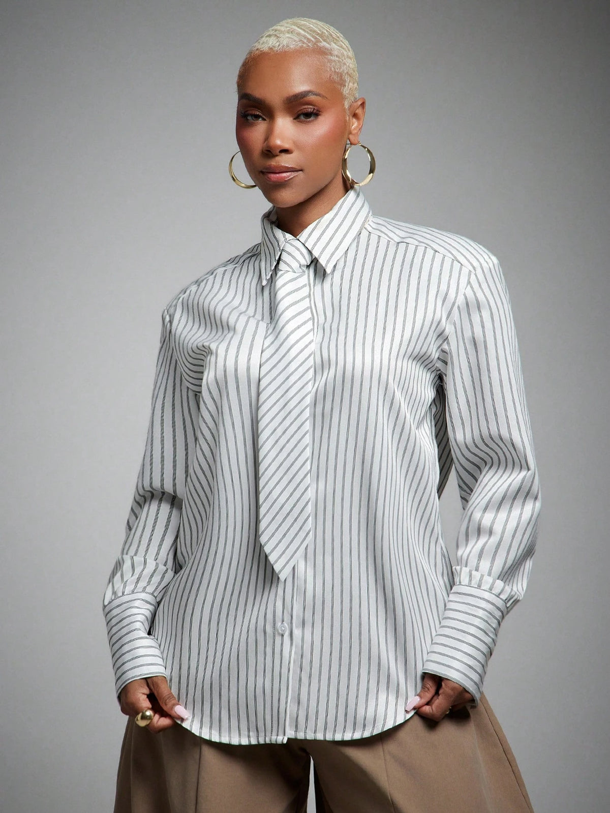 Vixey Directional Stripe Bold Padded Shoulder Shirt With Tie, Business Work Office Commute Top, Business Casual, Workwear, Desk To Dinner, Tailored