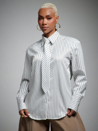 Vixey Directional Stripe Bold Padded Shoulder Shirt With Tie, Business Work Office Commute Top, Business Casual, Workwear, Desk To Dinner, Tailored