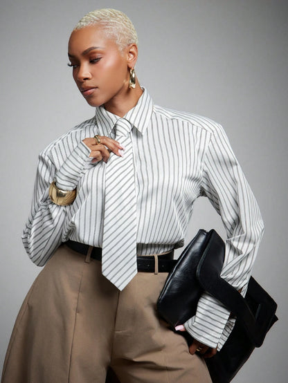 Vixey Directional Stripe Bold Padded Shoulder Shirt With Tie, Business Work Office Commute Top, Business Casual, Workwear, Desk To Dinner, Tailored