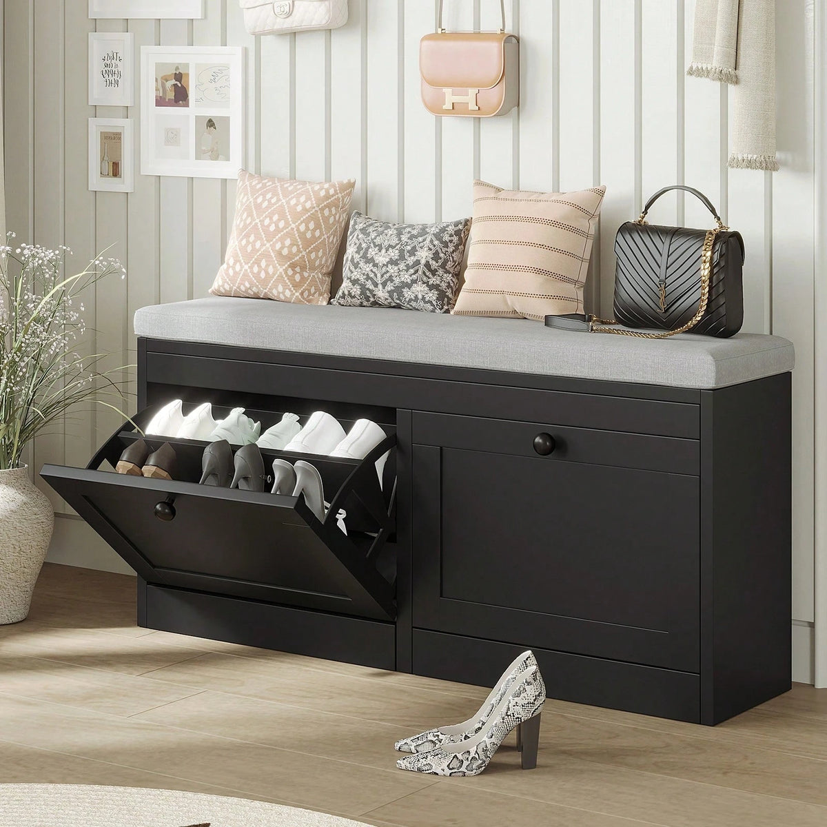 VOWNER 41.7" Storage Shoe Bench With 2 Flip-Up Drawers & Cushioned Seat, Multi-Functional Entryway Organizer For Hallway, Bedroom, Gifts For Halloween & Thanksgiving